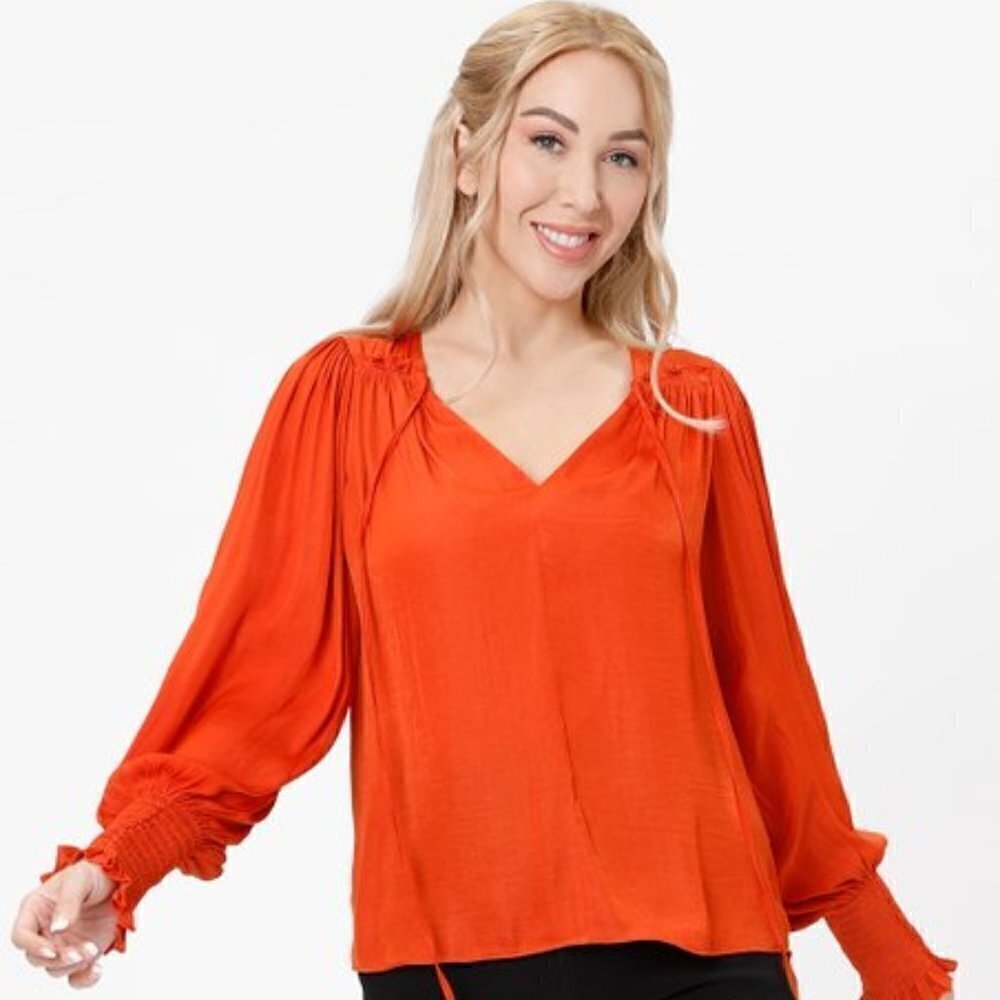 Rebecca Taylor Deep Orange Tie-Front Puff Sleeve V-Neck Top  Size Small